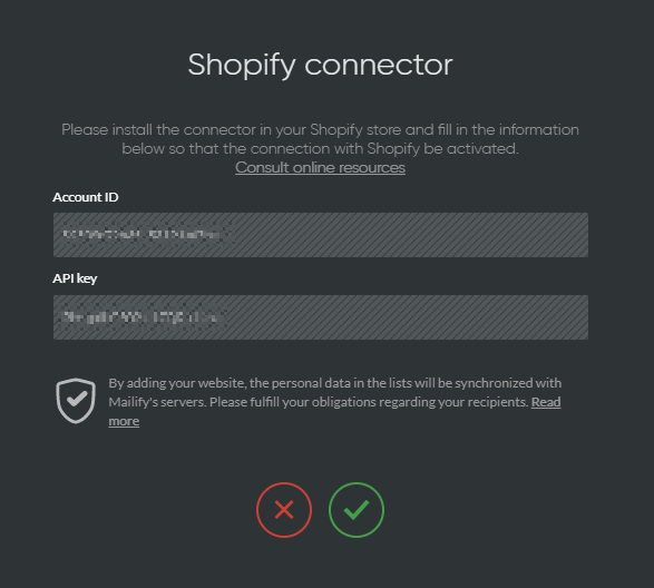 Shopify connector settings