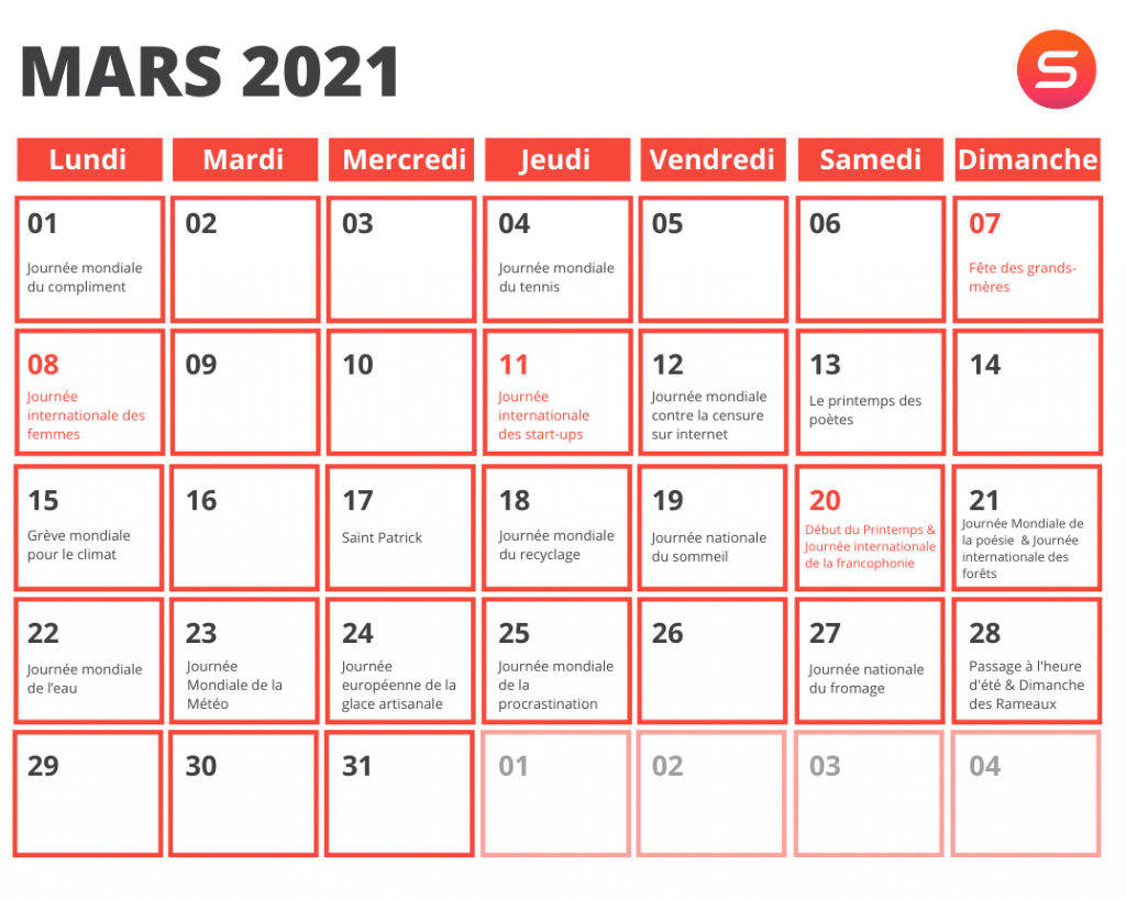 calendrier marketing mars 2021